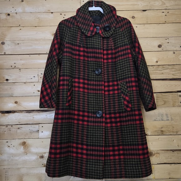 Vintage Carol Brent Car Coat Red Green Plaid Wool Peter Pan Collar 60s - Picture 1 of 11